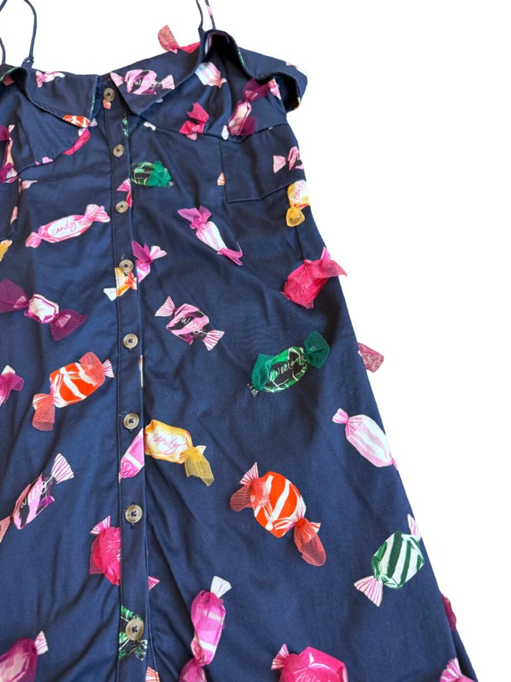 Maeve Navy Candy Print Ruffle Button Front Dress Stretchy Size 8 Women's - Picture 5 of 13